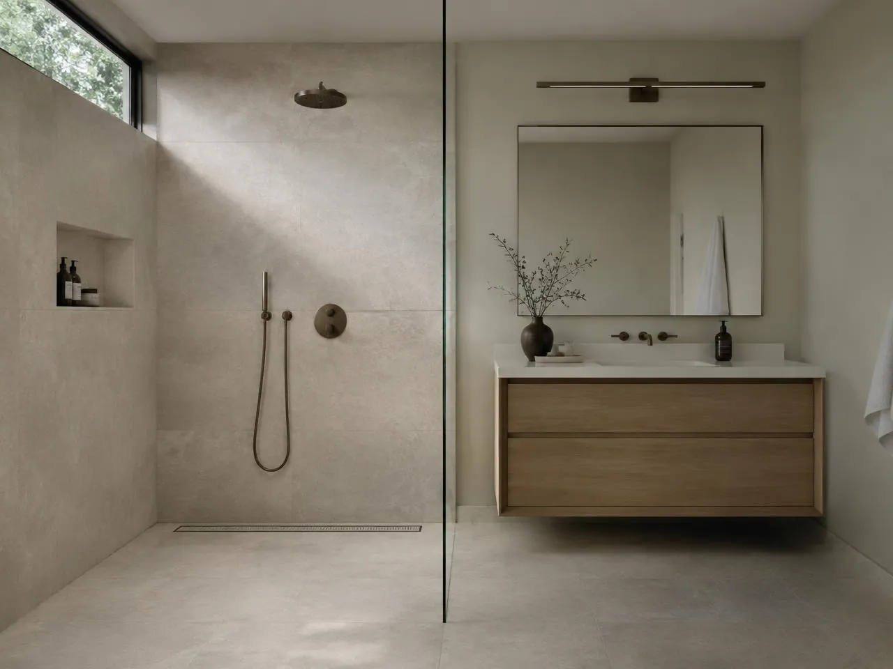Serene bathroom with large-format stone tile, curbless shower, and floating oak vanity