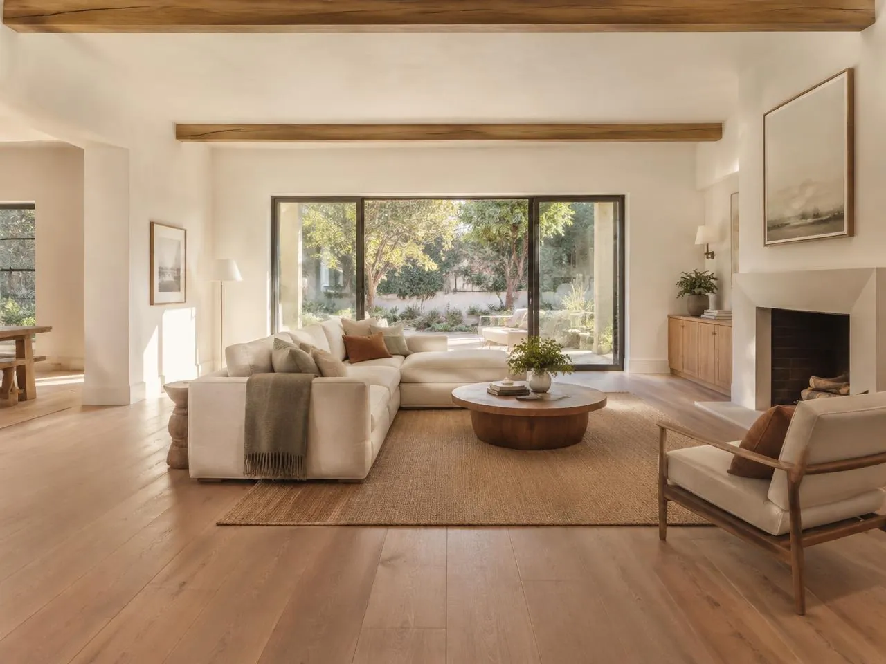 Bright living room with wide plank oak floors, plaster walls, and sliding doors to a garden