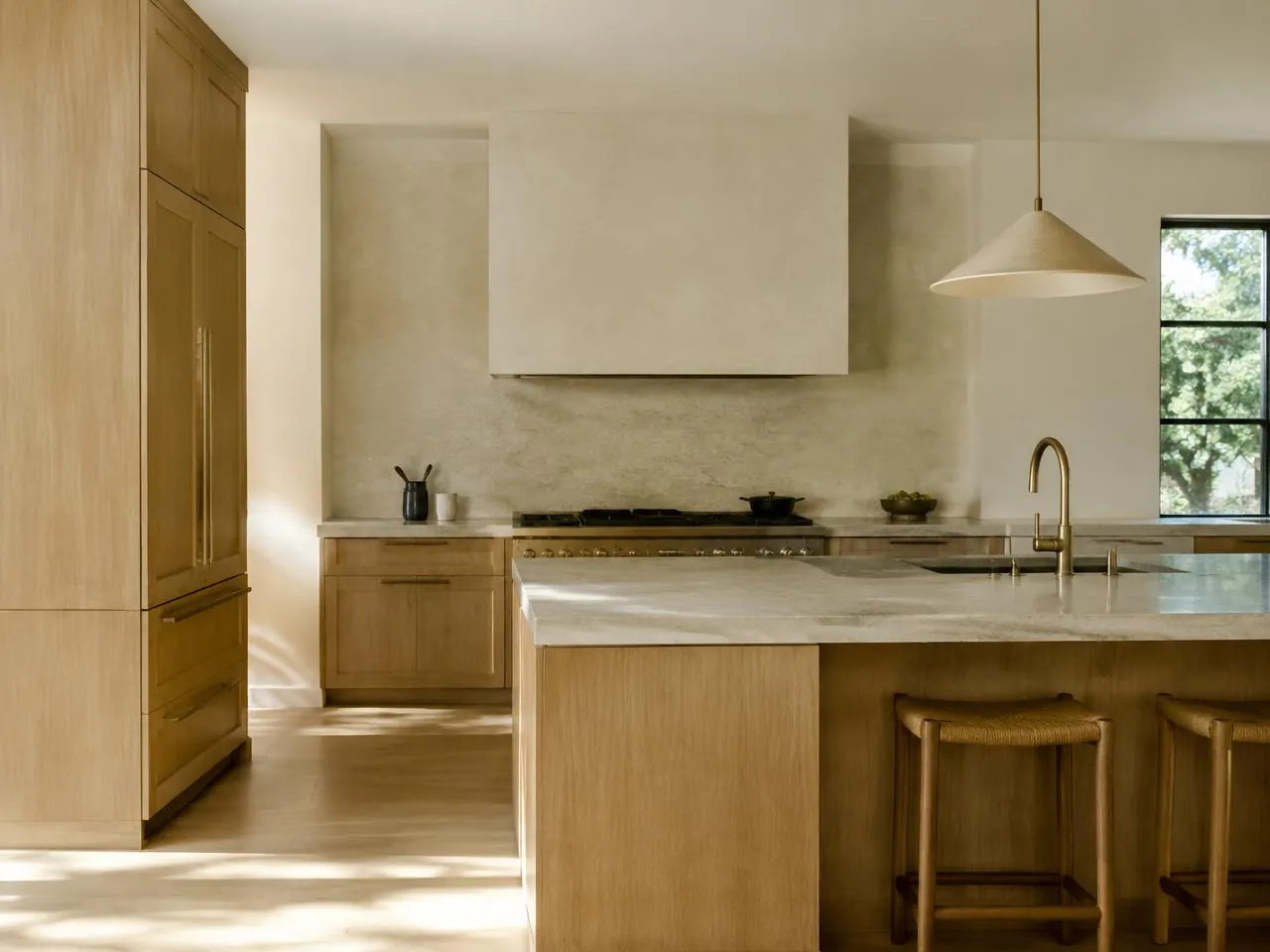 Warm modern kitchen with white oak cabinetry and honed stone island in natural light